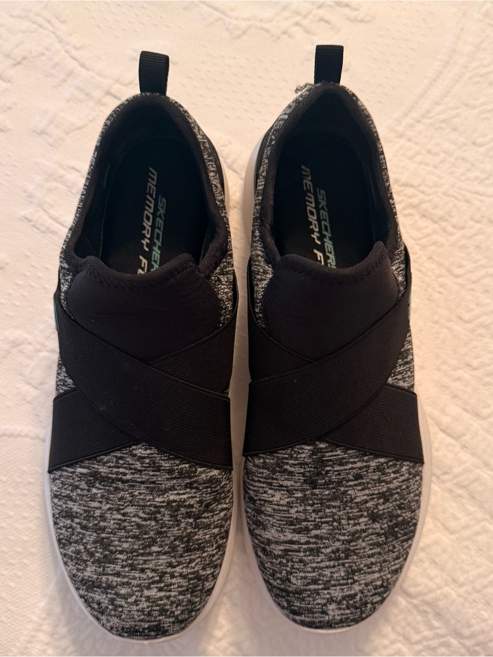 Skechers Women’s Black and Gray Slip-On Crossband Sneakers